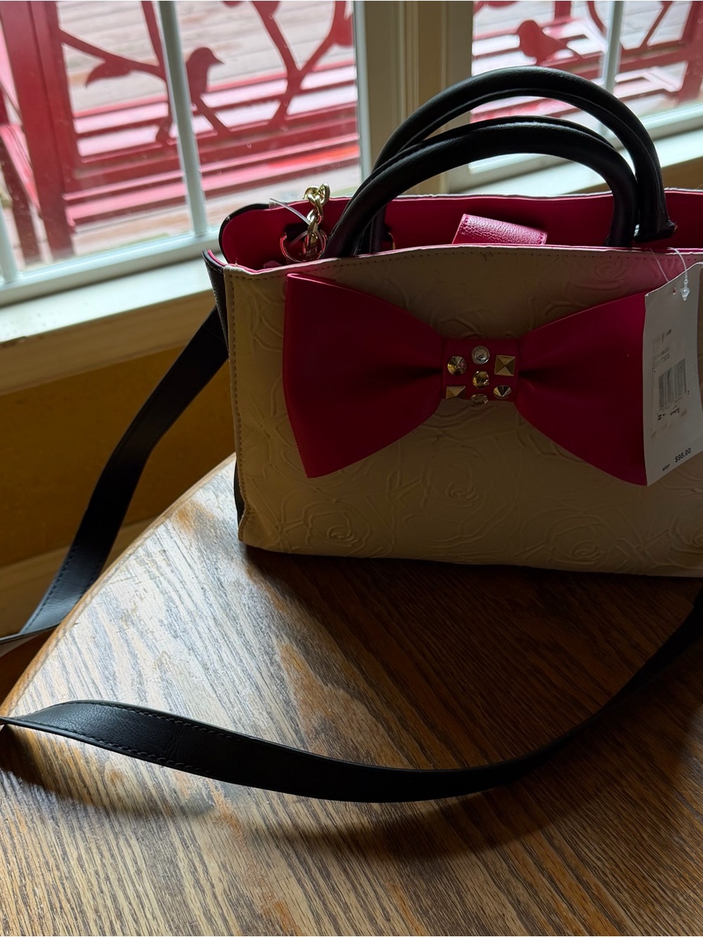 Betsey Johnson Cream Satchel with Hot Pink Bow and Black Accents - Picture 5 of 5
